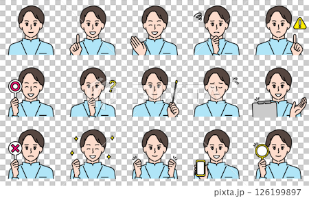 表情とポーズで感情を表す白衣を着用した看護師の男性のイラストセット 126199897