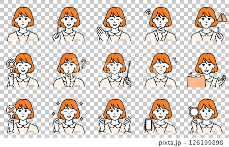 Illustration set of a female nurse wearing a white coat expressing emotions through facial expressions and poses 126199898