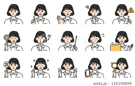 表情とポーズで感情を表す白衣を着用した看護師の女性のイラストセット 126199899