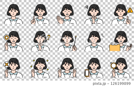 Illustration set of a female nurse wearing a white coat expressing emotions through facial expressions and poses 126199899