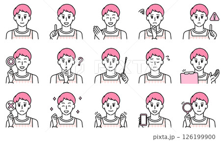 表情とポーズで感情を表すエプロンを着用した保育士の男性のイラストセット 126199900
