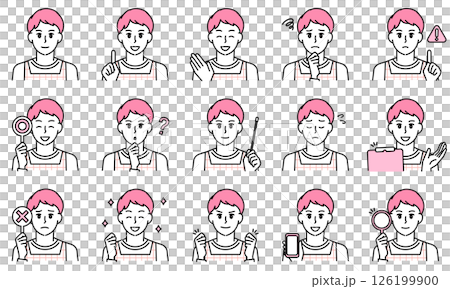 表情とポーズで感情を表すエプロンを着用した保育士の男性のイラストセット 126199900