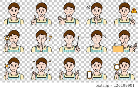 圖解集:一位男幼兒園老師穿著圍裙,用臉部表情和姿勢表達情緒 圖解集:一位男幼兒園老師穿著圍裙,用臉部表情和姿勢表達情緒 126199901