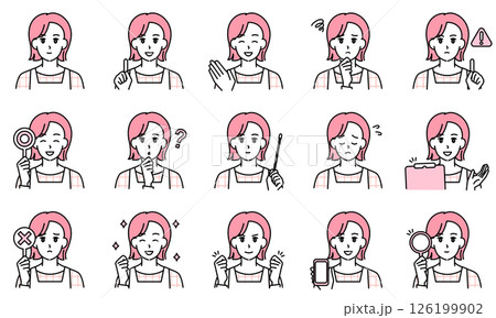 表情とポーズで感情を表すエプロンを着用した保育士の女性のイラストセット 126199902