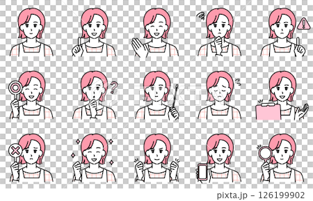 Illustration set of a female nursery teacher wearing an apron expressing emotions through facial expressions and poses 126199902
