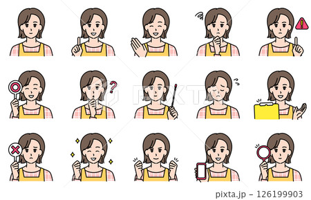 表情とポーズで感情を表すエプロンを着用した保育士の女性のイラストセット 126199903