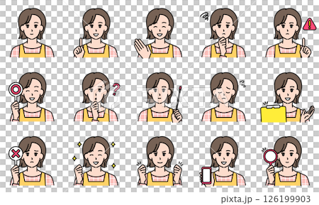 表情とポーズで感情を表すエプロンを着用した保育士の女性のイラストセット 126199903