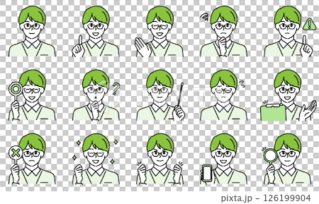 Illustration set of a male caregiver wearing a shirt expressing emotions with facial expressions and poses 126199904