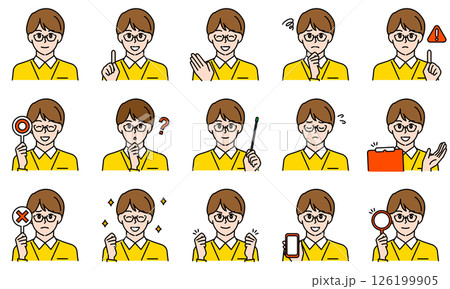 表情とポーズで感情を表すシャツを着用した介護士の男性のイラストセット 表情とポーズで感情を表すシャツを着用した介護士の男性のイラストセット 126199905