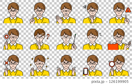 表情とポーズで感情を表すシャツを着用した介護士の男性のイラストセット 表情とポーズで感情を表すシャツを着用した介護士の男性のイラストセット 126199905