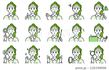 表情とポーズで感情を表すシャツを着用した介護士の女性のイラストセット 126199906