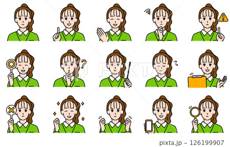 表情とポーズで感情を表すシャツを着用した介護士の女性のイラストセット 126199907