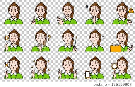 表情とポーズで感情を表すシャツを着用した介護士の女性のイラストセット 126199907