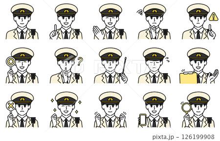 表情とポーズで感情を表す警官の服装を着用した男性のイラストセット 126199908
