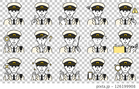 表情とポーズで感情を表す警官の服装を着用した男性のイラストセット 126199908