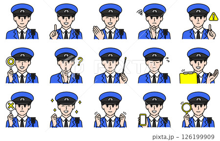 表情とポーズで感情を表す警官の服装を着用した男性のイラストセット 126199909