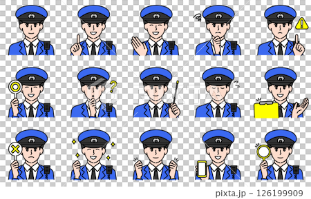 表情とポーズで感情を表す警官の服装を着用した男性のイラストセット 126199909