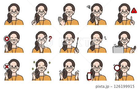 表情とポーズで感情を表すカジュアルファッションな女性のイラストセット 126199915
