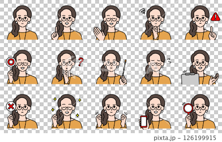 表情とポーズで感情を表すカジュアルファッションな女性のイラストセット 126199915