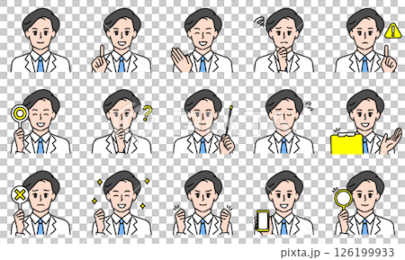 插圖組：一位身穿白大褂的男醫生用臉部表情和姿勢表達情緒 126199933