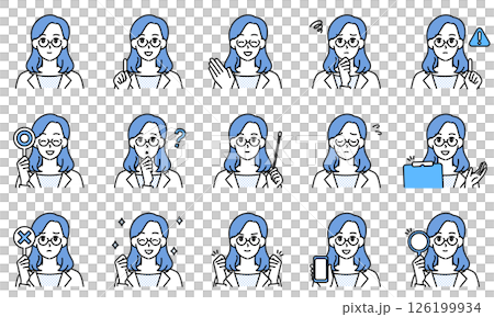 Illustration set of a female doctor wearing a white coat expressing emotions through facial expressions and poses Illustration set of a female doctor wearing a white coat expressing emotions through facial expressions and poses 126199934