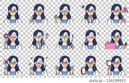 插圖組一位身穿白大褂的女醫生透過臉部表情和姿勢表達情緒 126199935