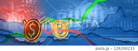 currency exchange rate background. bullish position of bitcoin to us dollar. finance background for news. 3D illustration of forex market trading. digital economy and fintech data crisis concept 126200233