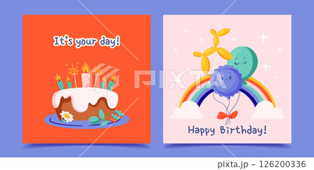 Birthday Hand Drawn Flat Greeting Card Set Birthday Hand Drawn Flat Greeting Card Set 126200336