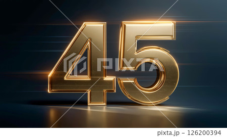 Stylish 3D of the number 45 crafted from gleaming gold metal in a modern design setting 126200394