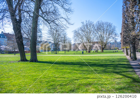 Visitors enjoy a peaceful afternoon at Rosenborg Castle Gardens in Copenhagen. The lush green lawn is bathed in sunlight, inviting relaxation and leisurely strolls among the trees. 126200410