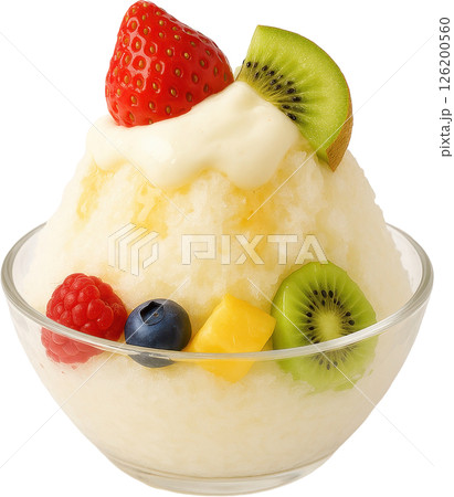 Frozen Yogurt with Fresh Fruit Garnish 126200560