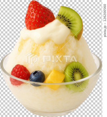Frozen Yogurt with Fresh Fruit Garnish 126200560