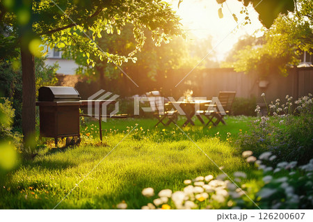 Summertime in backyard with grill BBQ and blurred background 126200607