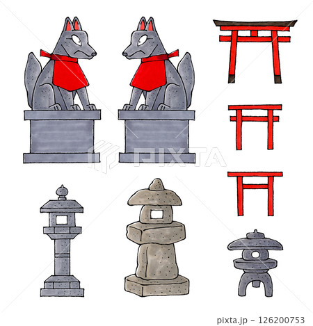 神社セット(お稲荷さん、石灯籠、鳥居) 126200753