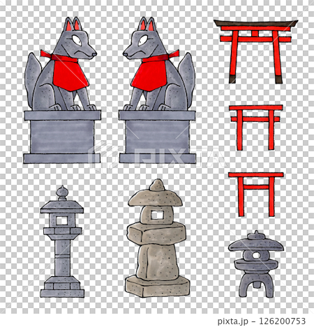 神社セット(お稲荷さん、石灯籠、鳥居) 126200753