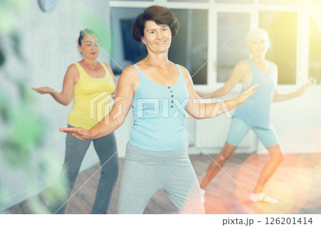 Group of elderly woman dancing in fitness studio 126201414