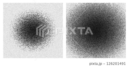 Pixel censor noise blobs. Two circular dark distortions simulate digital blackout or restricted data zones in modern glitch aesthetic. Vector illustration. 126201491