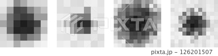 Censorship pixel noise blobs in variations. Four center-focused blur shapes simulating blocked content, glitch filter or privacy masking. Abstract tech interface style. Vector illustration. 126201507