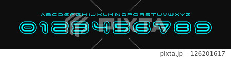 Futuristic neon font, sleek monoline alphabet, rounded techno typeface, sci-fi logo numbers, cyber UI style lettering, digital HUD visuals, glowing interface design. Vector typeset 126201617
