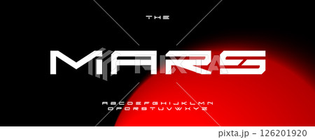 Futuristic space alphabet, angular sci-fi letters, bold tech font for space-age branding, digital headline, interstellar typography, galactic typographic design. Vector typeset. 126201920