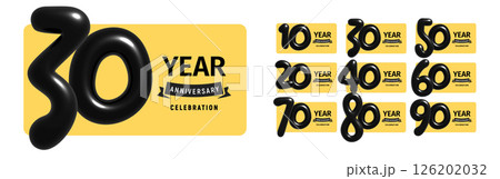 Glossy black balloon numbers anniversary set. Elegant bold typography for milestone celebration greeting cards, invitations, banners, birthday or corporate party. Vector illustration. Glossy black balloon numbers anniversary set. Elegant bold typography for milestone celebration greeting cards, invitations, banners, birthday or corporate party. Vector illustration. 126202032