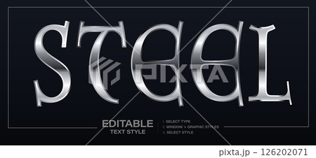 Chrome Steel Text Effect With Polished Metallic Finish And Classic Typeface, Ideal For Technology, Gaming, Or Industrial Branding. Fully Editable. Vector Illustration. Chrome Steel Text Effect With Polished Metallic Finish And Classic Typeface, Ideal For Technology, Gaming, Or Industrial Branding. Fully Editable. Vector Illustration. 126202071