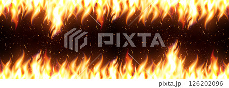 Realistic bright blazing fire border with glowing sparks, intense heat effect, energy, danger. Burning frame background for banners, games, promotions. Dramatic style vector illustration 126202096