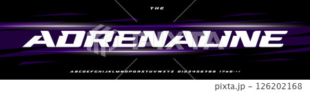Adrenaline Font, Bold Racing Typeface, Fast Display Letters for Sports Logo Design, Aggressive Motion Headline, Athletic Branding. Extreme Speed Typography, Power Typographic Design. Vector alphabet 126202168