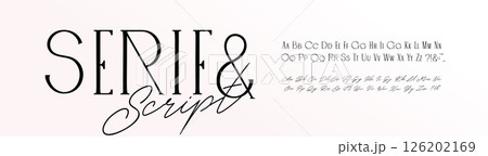 Elegant Serif Font Modern Script Typeface, Alphabet Pair for Wedding Letters. Fashion Branding, Luxury Calligraphy, Signature Logo, Stylish Invitation. Feminine Design. Vector illustration 126202169
