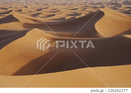 Hills of sand formations of Erg Chigaga dune at Sahara desert in southeastern MOROCCO Hills of sand formations of Erg Chigaga dune at Sahara desert in southeastern MOROCCO 126202277