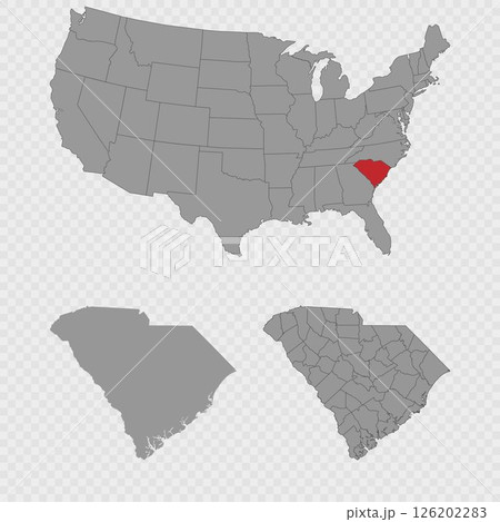 South Carolina map set with USA location, clean outline, and full county breakdown. South Carolina map set with USA location, clean outline, and full county breakdown. 126202283
