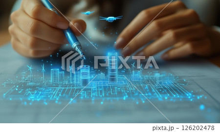 Hand drawing blueprint of futuristic blue gas station with eco-friendly architecture and flying cars in aerial view 126202478