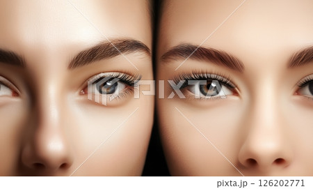 Comparison of natural and false eyelashes highlighting the dramatic difference in appearance between the two styles 126202771
