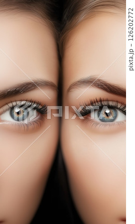Comparison of natural and false eyelashes showcases the dramatic effect on women's eye appearance 126202772